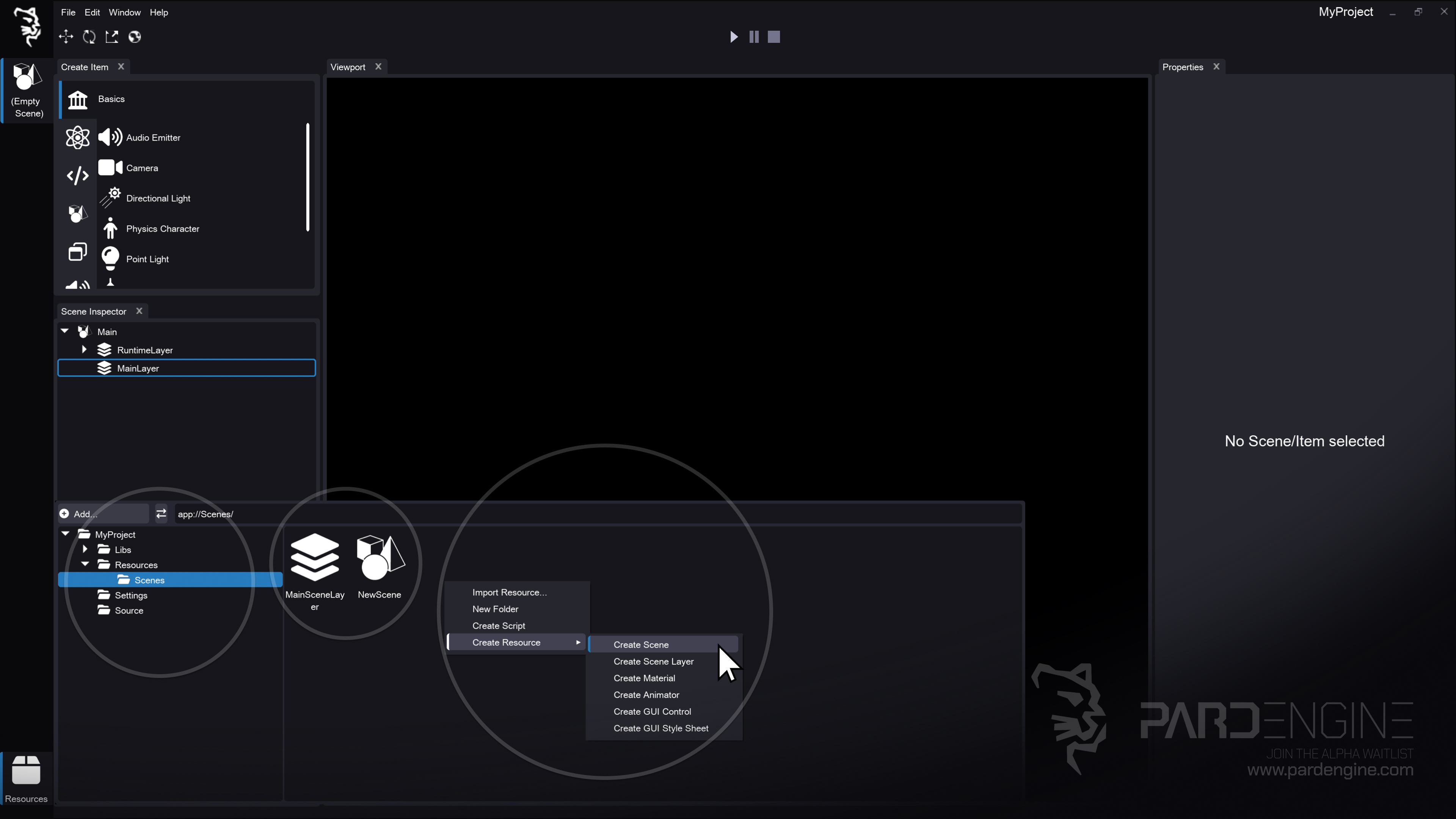 Figure 1: Scene Editor with Resource Browser. The Resource Browser is open, displaying the project folder structure in a tree view (left) and associated files in a list view (right). A context menu is available for quick resource creation.